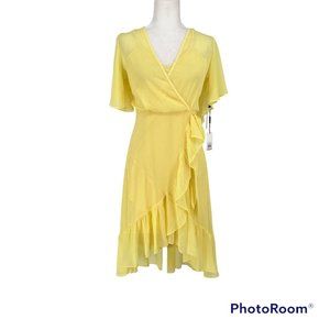 CALVIN KLEIN Womens Yellow Tie Short Sleeve Above The Knee ruffle front Dress 2